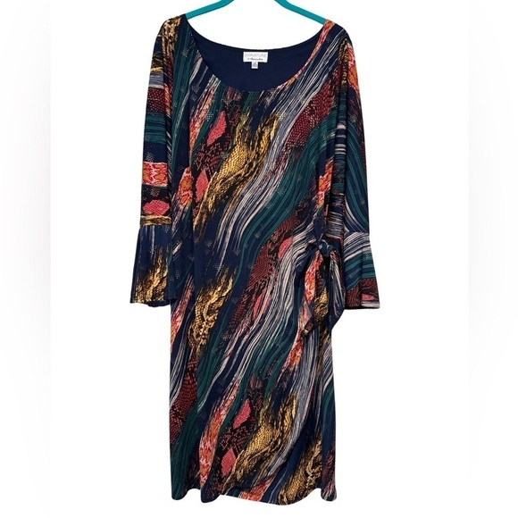Signature by Robbie Bee Multicolor w Gold Tie Knot Dress Bell Sleeves Si… - Picture 1 of 17